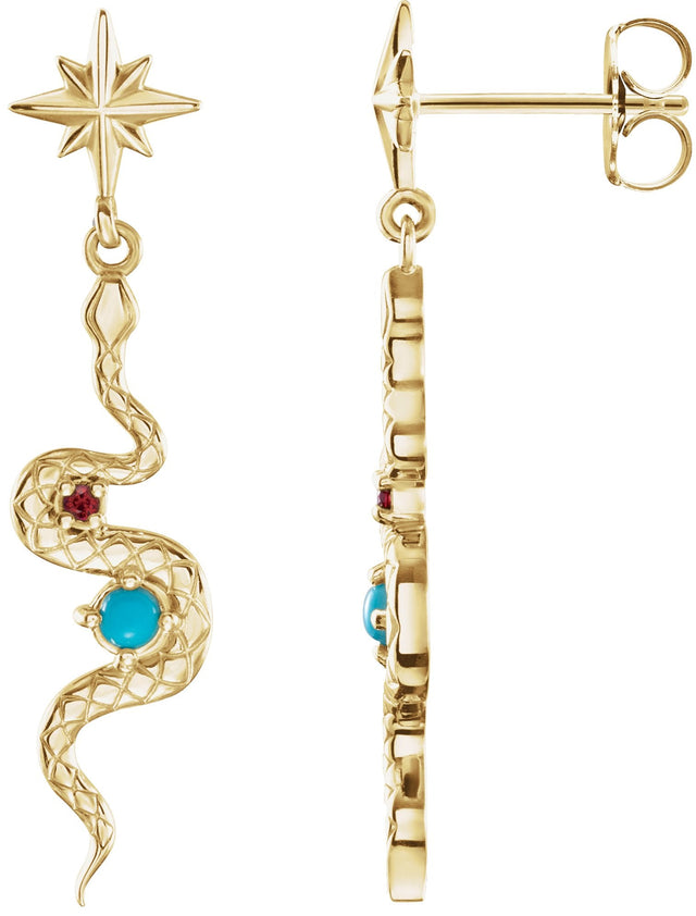 14K Gold Round Natural Turquoise & Natural Ruby Accented Snake Earrings - Yellow Gold
