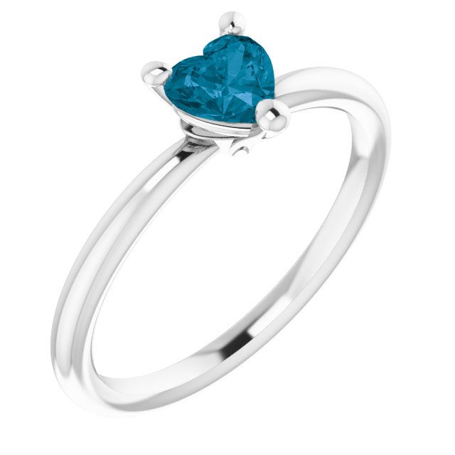 14K Gold Natural London Blue Topaz Heart Solitaire Ring - White Gold