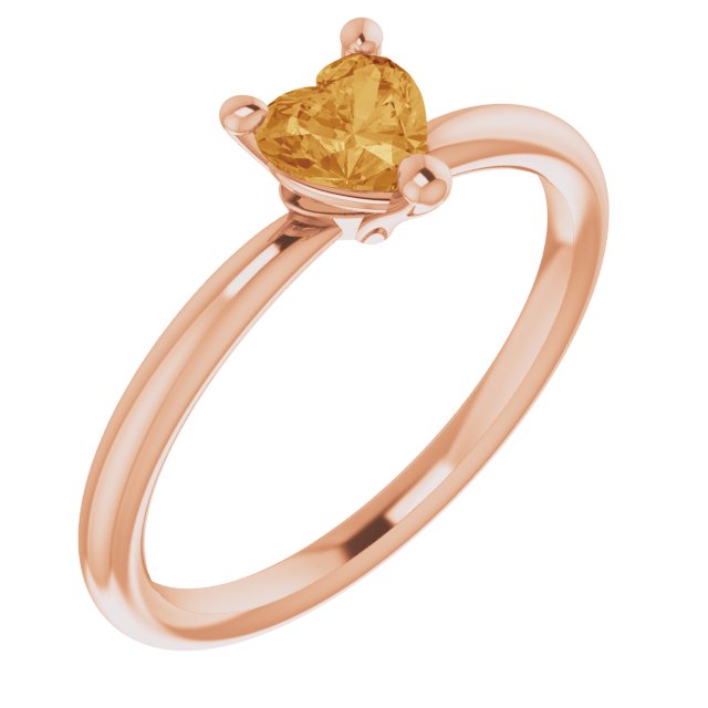 14K Gold Natural Citrine Heart Solitaire Ring - Rose Gold