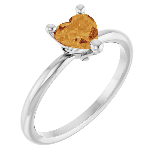14K Gold Natural Citrine Heart Solitaire Ring - White Gold