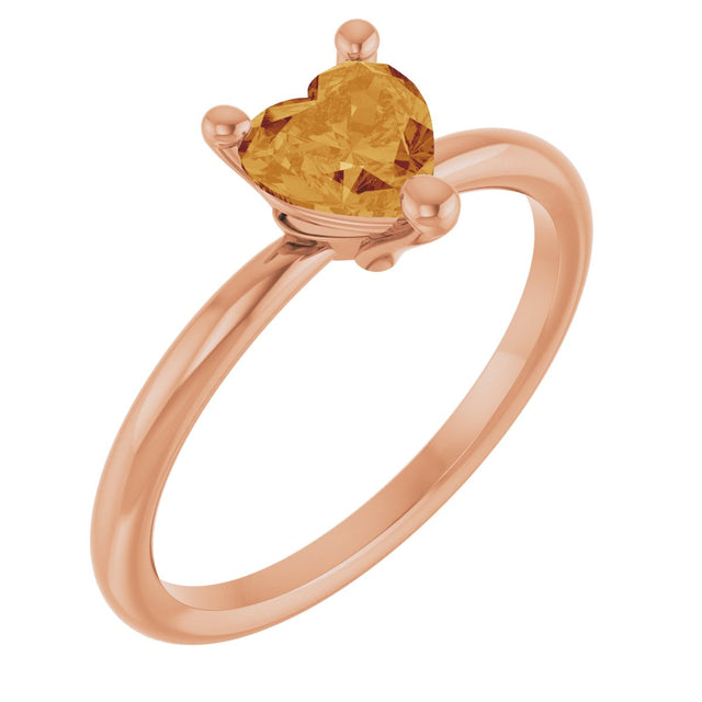 14K Gold Natural Citrine Heart Solitaire Ring - Rose Gold