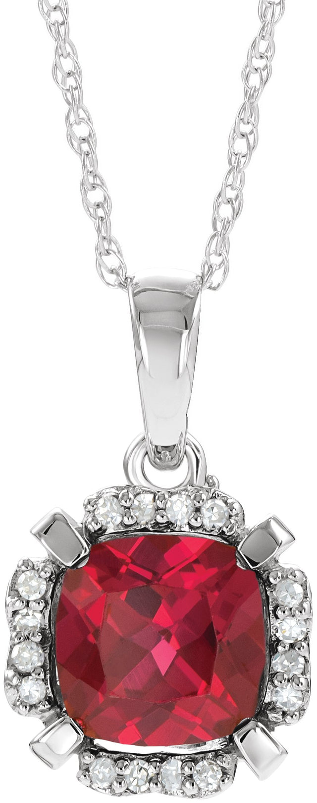 14K Gold Cushion Lab-Grown Ruby & Natural Diamond Halo-Style Birthstone Necklace – 0.04 CTW