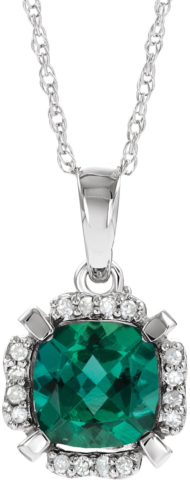 14K Gold Cushion Lab-Grown Emerald & Natural Diamond Halo-Style Birthstone Necklace – 0.04 CTW