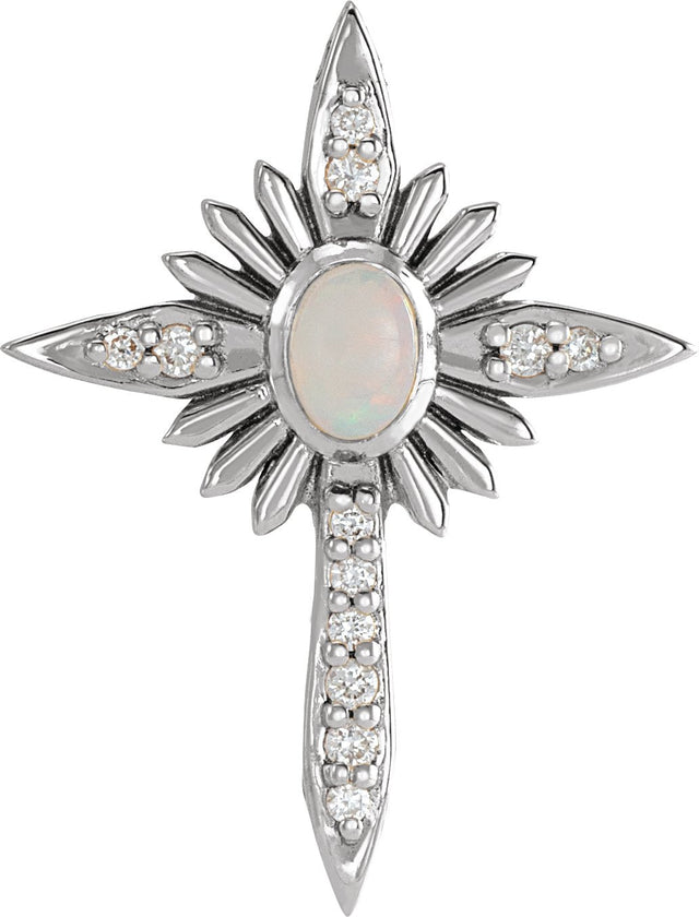 Platinum Oval Natural White Opal & Natural Diamond Accented Nativity Cross Necklace or Pendant