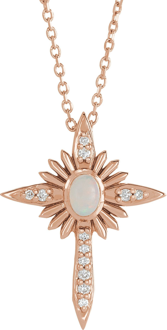 14K Gold Oval Natural White Opal & Natural Diamond Accented Nativity Cross Necklace or Pendant - Rose Gold