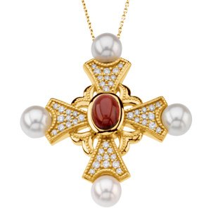 14K Gold Oval Natural Mozambique Garnet & Cultured White Akoya Pearl & Natural Diamond Vintage-Inspired Pearl Cross Pendant