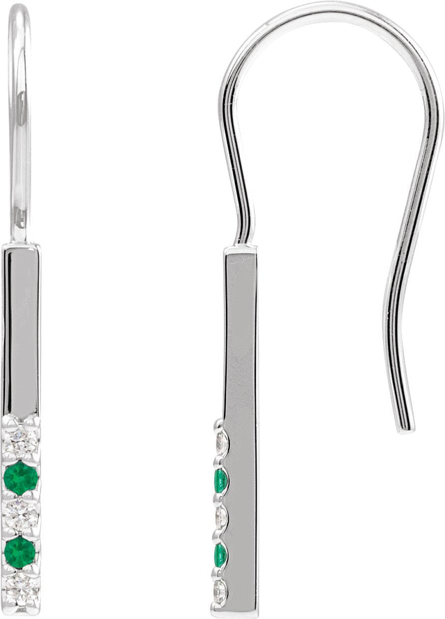 14K Gold Round Natural Emerald & Natural Diamond Accented Bar Earrings - White Gold