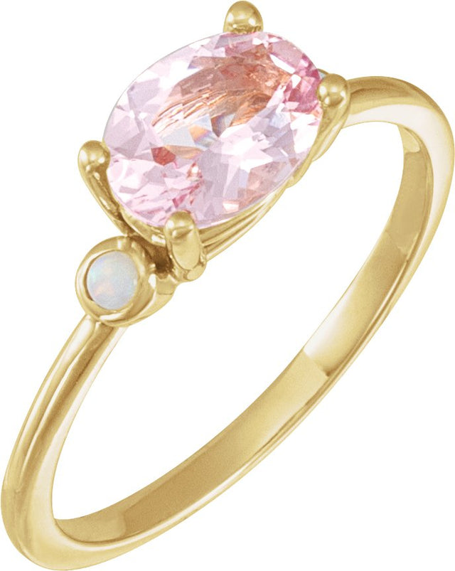 14K Gold Natural Pink Morganite & Natural White Opal Oval 4-Prong Accented Ring - Yellow Gold