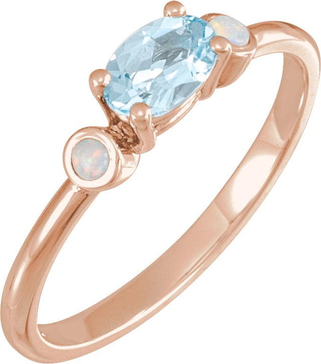 14K Gold Natural Sky Blue Topaz & Natural White Opal Oval 4-Prong Accented Ring - Rose Gold