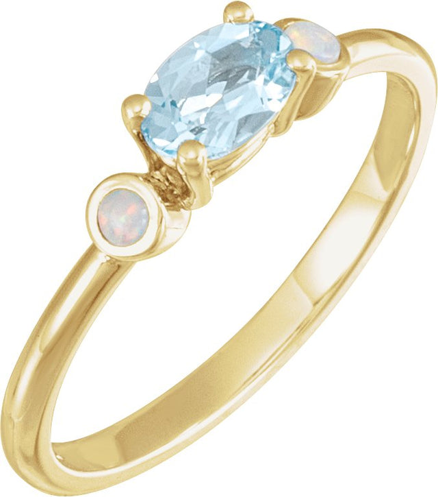 14K Gold Natural Sky Blue Topaz & Natural White Opal Oval 4-Prong Accented Ring - Yellow Gold