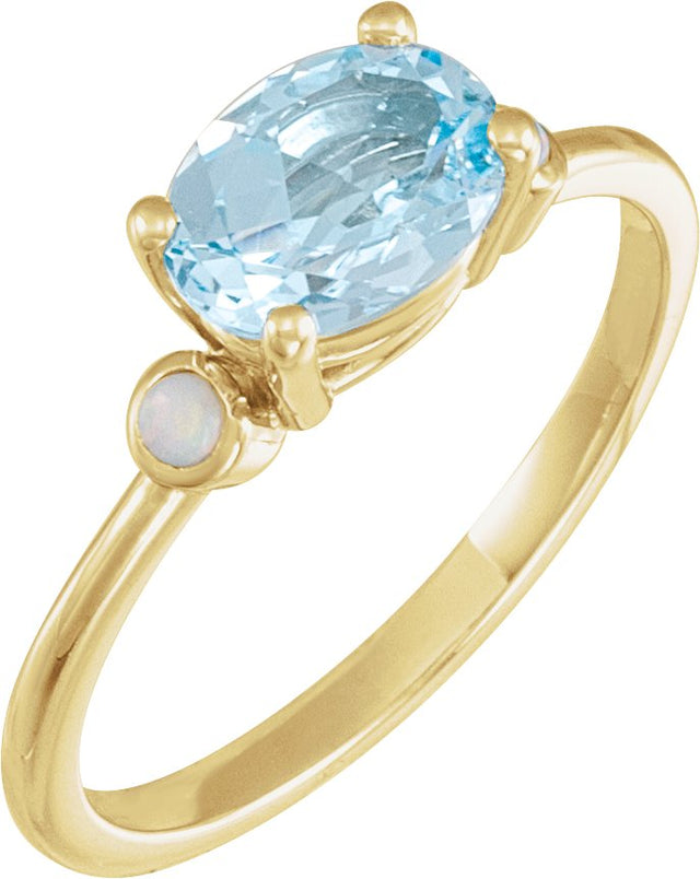 14K Gold Natural Sky Blue Topaz & Natural White Opal Oval 4-Prong Accented Ring - Yellow Gold
