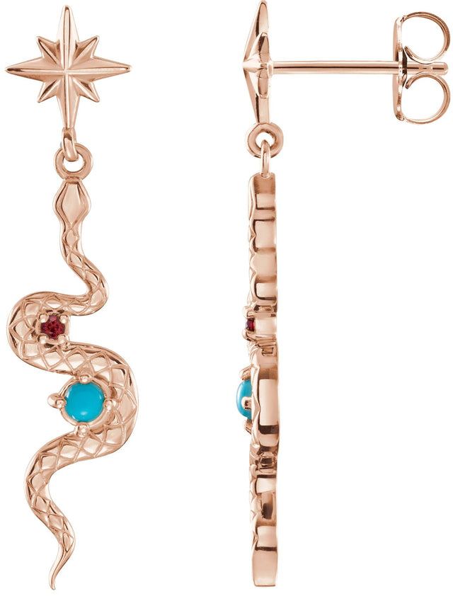 14K Gold Round Natural Turquoise & Natural Ruby Accented Snake Earrings - Rose Gold