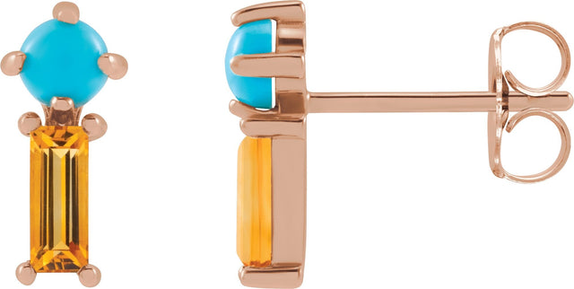 14K Gold Round Natural Turquoise & Natural Citrine Two-Stone Bar Earrings - Rose Gold
