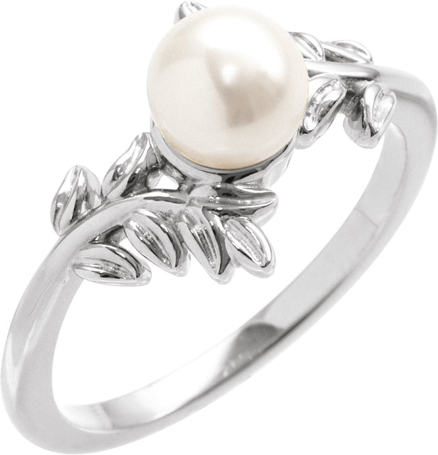 Platinum Cultured White Akoya Pearl Floral Pearl Ring