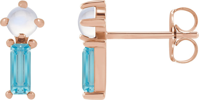 14K Gold Round Natural Rainbow Moonstone & Natural Swiss Blue Topaz Two-Stone Bar Earrings - Rose Gold