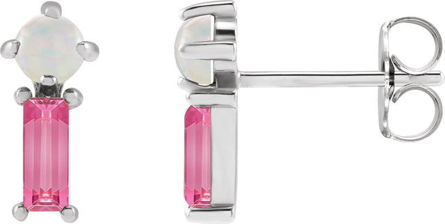 14K Gold Round Natural White Opal & Natural Pink Tourmaline Two-Stone Bar Earrings - White Gold
