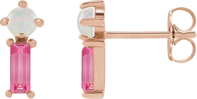14K Gold Round Natural White Opal & Natural Pink Tourmaline Two-Stone Bar Earrings - Rose Gold