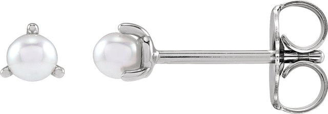 14K Gold Cultured White Seed Pearl Seed Pearl 3-Prong Stud Earrings - White Gold