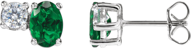 14K Gold Oval Lab-Grown Emerald & Lab-Grown Diamond Accented Stud Earrings - White Gold