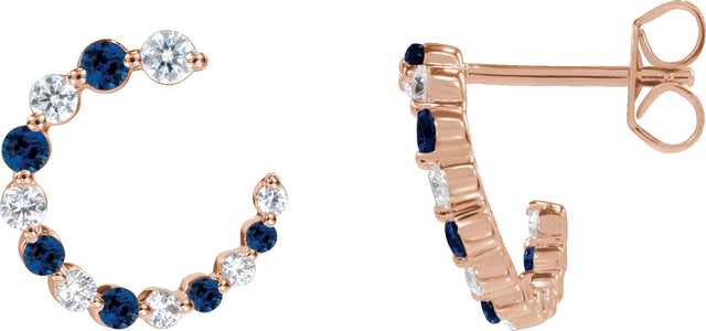 14K Gold Round Natural Blue Sapphire & Natural Diamond Accented Front-Back Hoop Earrings - Rose Gold
