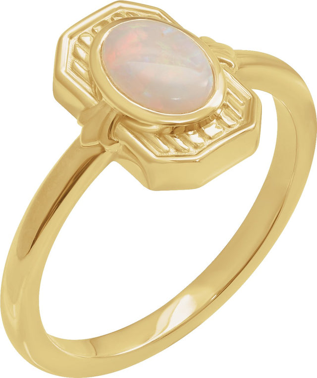 14K Gold Oval Natural White Opal Cabochon Ring – 7x5mm - Yellow Gold