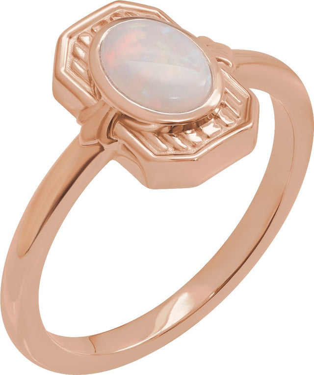 14K Gold Oval Natural White Opal Cabochon Ring – 7x5mm - Rose Gold
