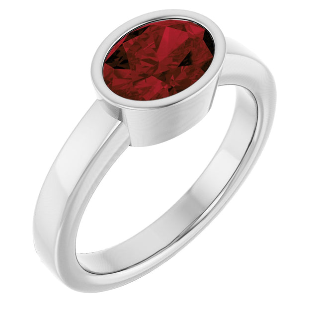 14K Gold Oval Natural Mozambique Garnet Bezel-Set Solitaire Ring – 8x6mm - White Gold