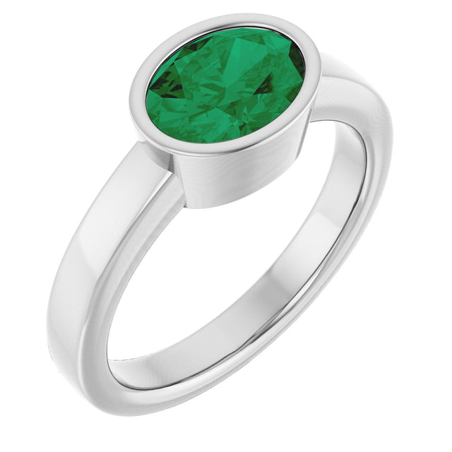 14K Gold Oval Lab-Grown Emerald Bezel-Set Solitaire Ring – 8x6mm - White Gold