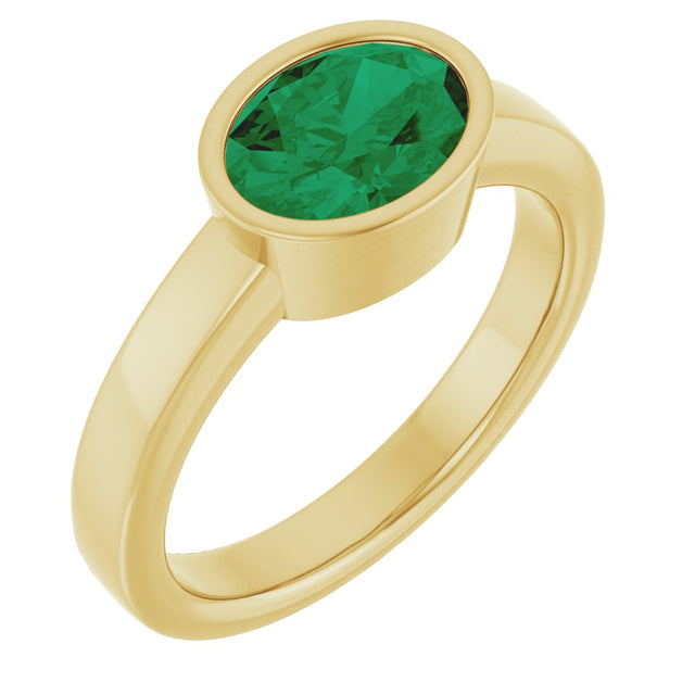 14K Gold Oval Lab-Grown Emerald Bezel-Set Solitaire Ring – 8x6mm - Yellow Gold