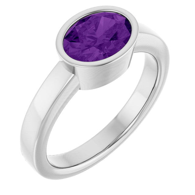 14K Gold Oval Natural Amethyst Bezel-Set Solitaire Ring – 8x6mm - White Gold