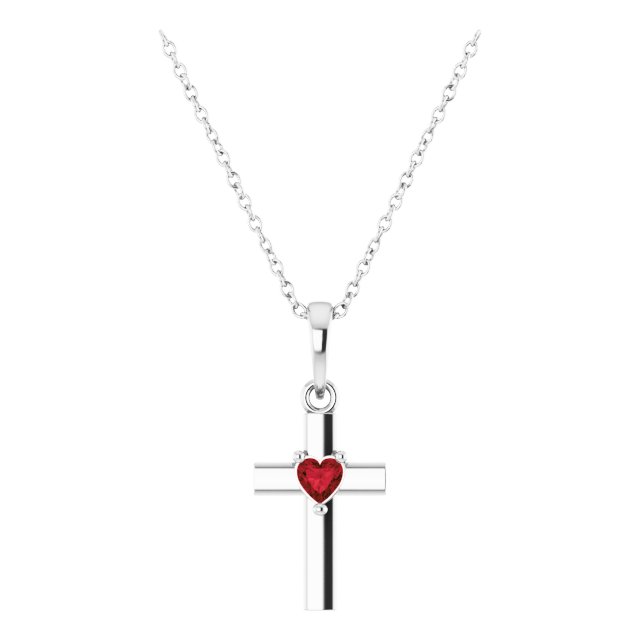14K Gold Natural Mozambique Garnet Heart Cross Necklace or Pendant - White Gold