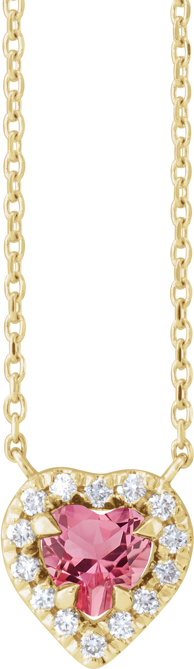 14K Gold Heart Natural Pink Tourmaline & Natural Diamond French-Set Solitaire Necklace - Yellow Gold