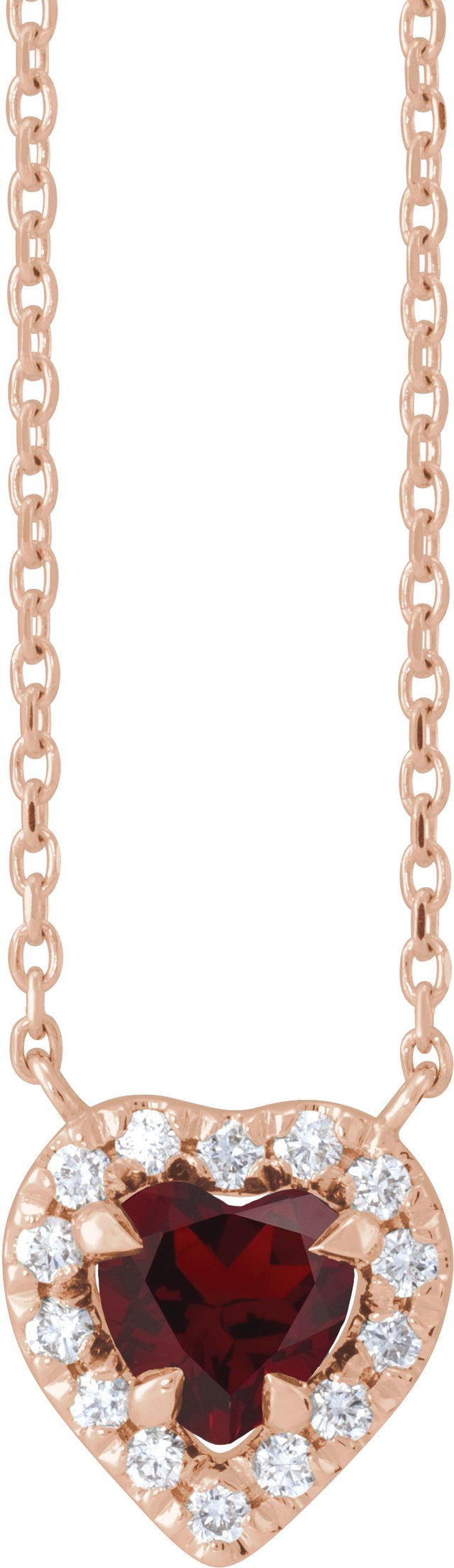 14K Gold Heart Natural Mozambique Garnet & Natural Diamond French-Set Solitaire Necklace - Rose Gold