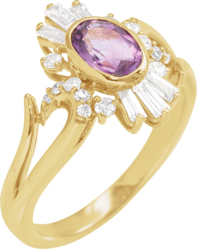 14K Gold Oval Natural Amethyst & Natural Diamond Halo-Style Ring - Yellow Gold