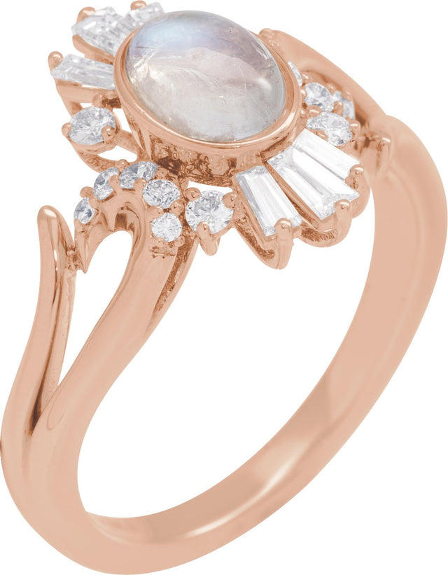 14K Gold Oval Natural Rainbow Moonstone & Natural Diamond Halo-Style Ring - Rose Gold