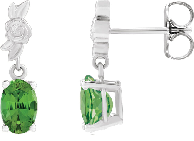 14K Gold Oval Natural Green Tourmaline Floral Earrings - White Gold