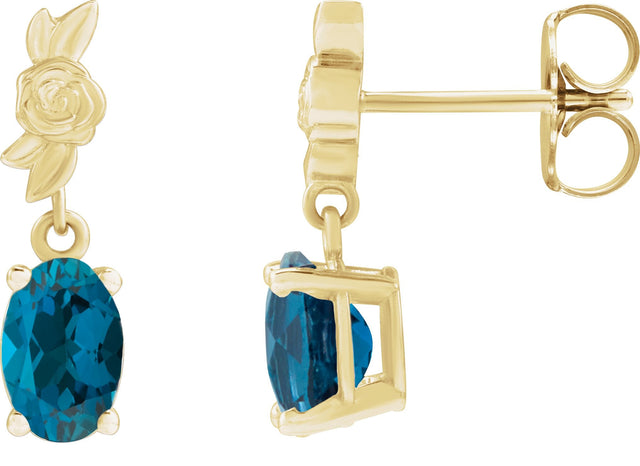 14K Gold Oval Natural London Blue Topaz Floral Earrings - Yellow Gold