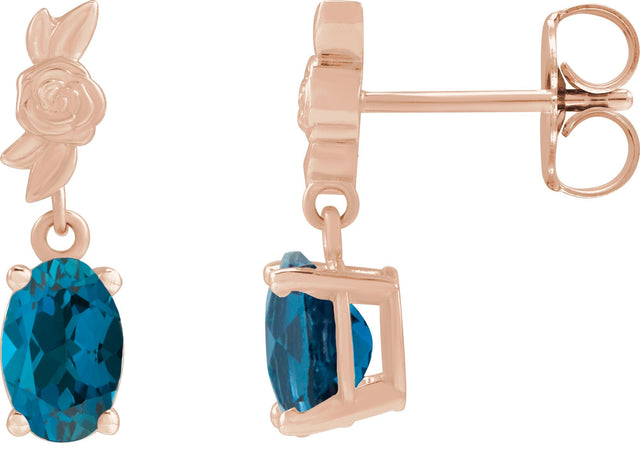 14K Gold Oval Natural London Blue Topaz Floral Earrings - Rose Gold