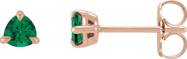 14K Gold Natural Emerald Trillion 3-Prong Claw Earrings - Rose Gold