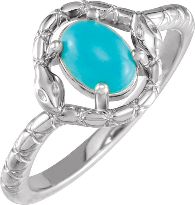 14K Gold Oval Natural Turquoise Cabochon Snake Ring - White Gold