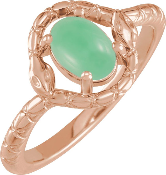 14K Gold Oval Natural Green Chrysoprase Cabochon Snake Ring - Rose Gold