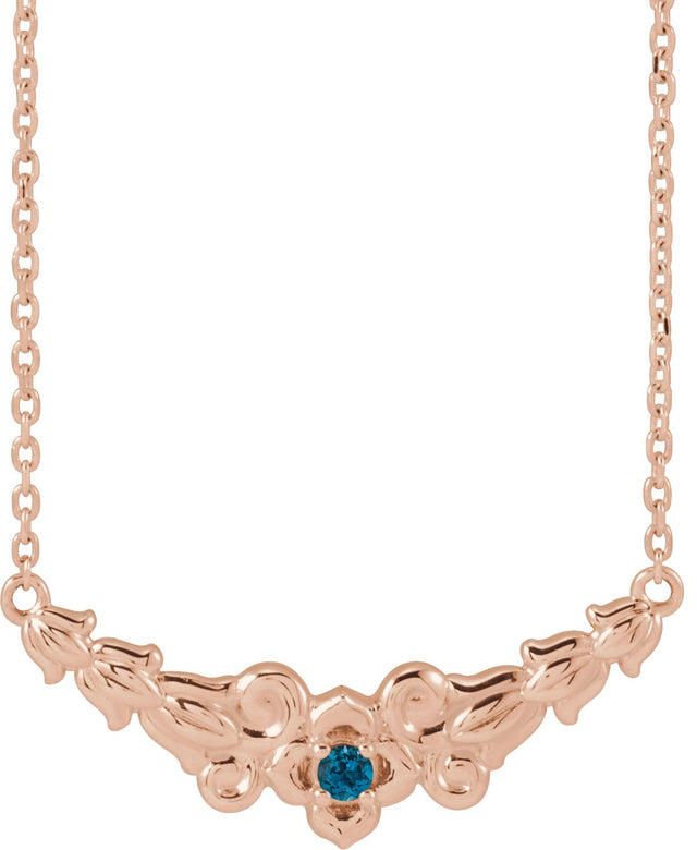 14K Gold Round Natural London Blue Topaz Floral Necklace - Rose Gold