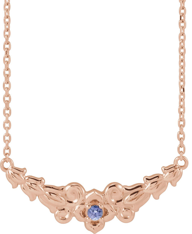 14K Gold Round Natural Tanzanite Floral Necklace - Rose Gold
