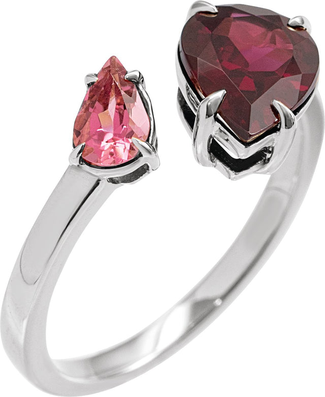 14K Gold Pear Natural Rhodolite Garnet & Natural Pink Tourmaline Negative Space Ring - White Gold