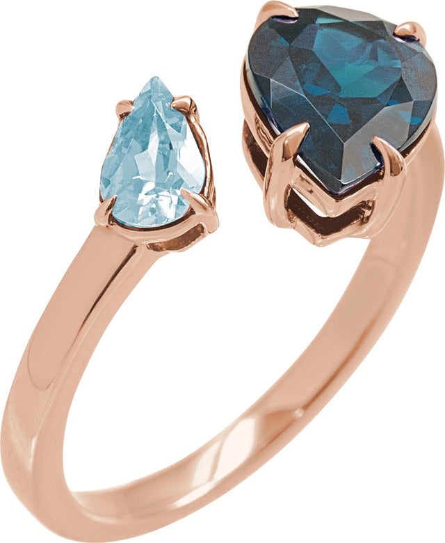 14K Gold Pear Natural London Blue Topaz & Natural Sky Blue Topaz Negative Space Ring - Rose Gold