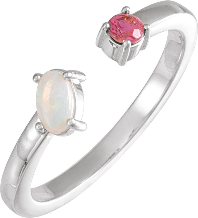 Platinum Oval Natural White Opal & Natural Pink Tourmaline Two-Stone Negative Space Ring