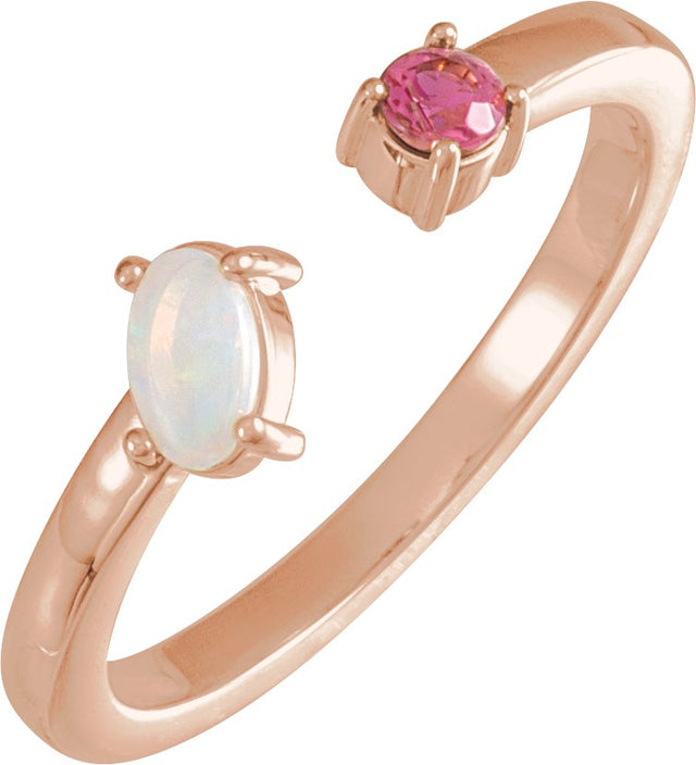 14K Gold Oval Natural White Opal & Natural Pink Tourmaline Two-Stone Negative Space Ring - Rose Gold
