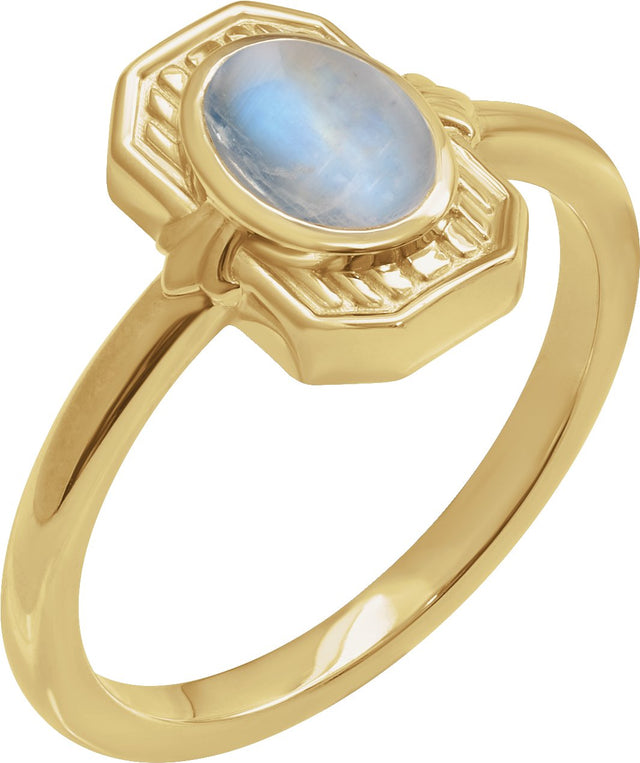 14K Gold Oval Natural Rainbow Moonstone Cabochon Ring – 7x5mm - Yellow Gold