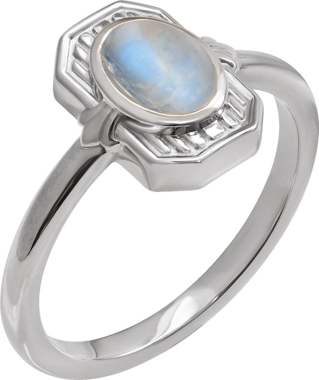 14K Gold Oval Natural Rainbow Moonstone Cabochon Ring – 7x5mm - White Gold