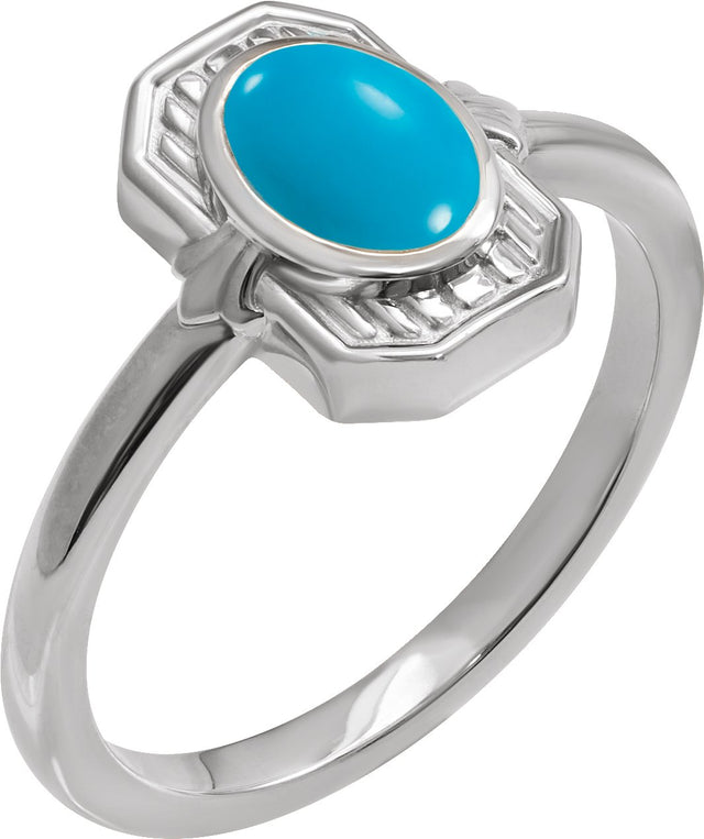 14K Gold Oval Natural Turquoise Cabochon Ring – 7x5mm - White Gold